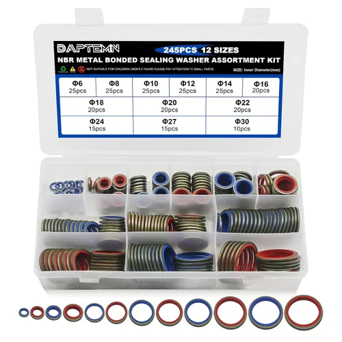 Miniatura 9 de 165 Piezas Arandelas de Sellado Adheridas, Arandelas de Goma de Sellado Autocentradas NBR Métricas de Acero Galvanizado en Zinc, Kit de Surtido