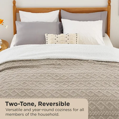 Miniatura 7 de Bedsure Manta de cable Sherpa tamaño Queen (gris y beige)