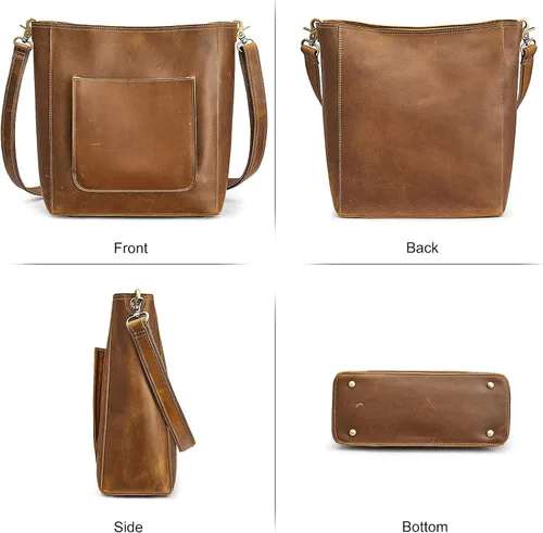 Miniatura 5 de S-ZONE Bolso de mano vintage de cuero genuino para mujer, bolso de mano estilo hobo