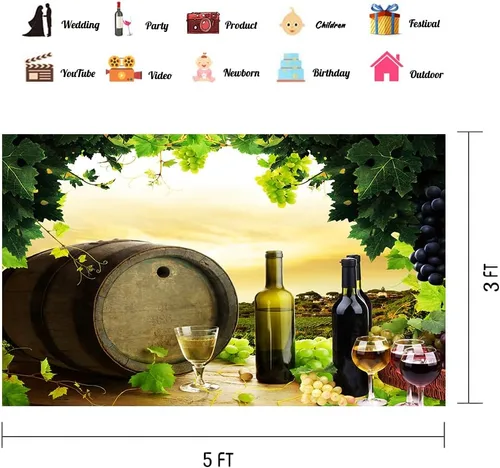 Fondo con tema de vino, 5 x 3 pies, viñedo, plantas frutales, hojas, pancarta, fondo de fotografía para fiesta de cumpleaños de niños, accesorios de