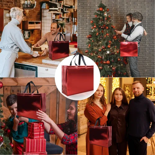 Miniatura 5 de cabzymx 15 bolsas de regalo reutilizables de color rojo brillante con asas, 12.6 x 4.7 x 11 pulgadas, bolsas de fiesta con base resistente, bolsa
