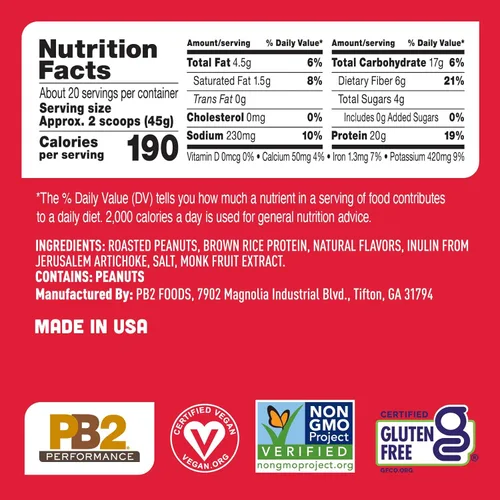 Miniatura 7 de PB2 Performance - Proteína vegana en polvo a base de plantas de maní, 0.71 onzas de proteína completa, sin azúcar añadida, fibra prebiótica, sin