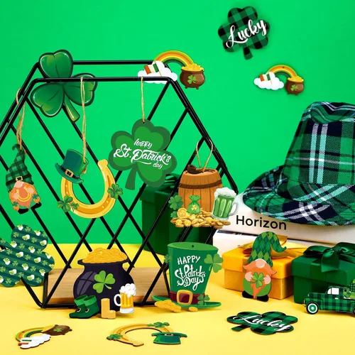Miniatura 4 de Ferraycle 36 adornos de árbol del día de San Patricio, adornos de madera de trébol para árboles pequeños, decoraciones de trébol, gnomo, trébol