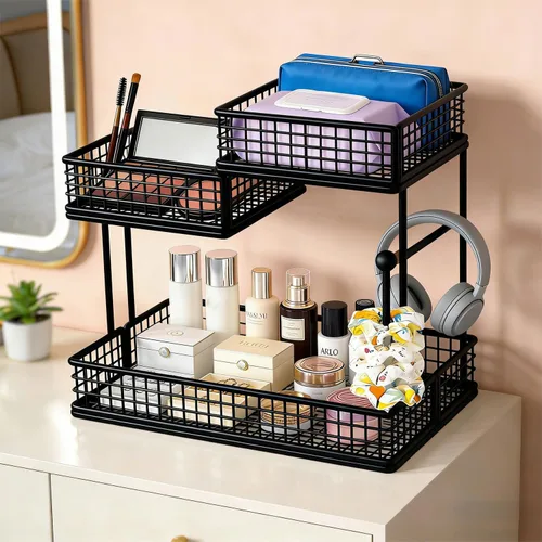Organizador de maquillaje para tocador, organizador de encimera de baño de metal de 3 niveles, soporte de almacenamiento para el cuidado de la piel,