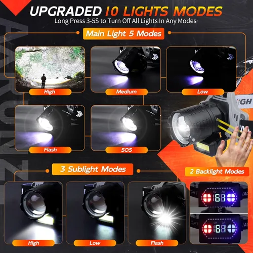 Miniatura 2 de Linterna frontal LED recargable de 1000 lúmenes, superbrillante, con 10 modos y sensor de movimiento, juego de 2 lámparas frontales con zoom