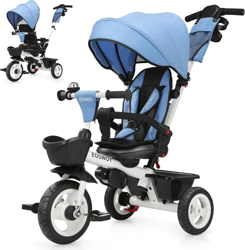EOOWOY Triciclo para niños pequeños con mango de empuje, Cochecito Triciclo 7 en 1 con asiento giratorio de 360°, respaldo reclinable, ruedas todo