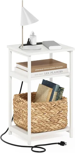 Miniatura 14 de Furinno JUST - Mesa auxiliar moderna de 3 niveles con estación de carga, mesita de noche de fácil montaje, mesita de noche con puerto USB y tipo C