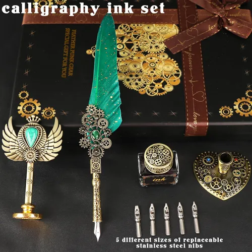 Miniatura 7 de Aifeiter Juego de tinta de pluma, bolígrafo de caligrafía de plumas, sello de cera, hermoso juego de caligrafía de regalo, regalos de Navidad