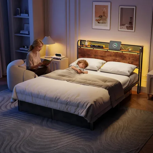 Miniatura 7 de Furnulem Base de cama tamaño Queen con almacenamiento de cabecero, base de cama de plataforma tamaño Queen con 2 cajones, estación de carga y luces