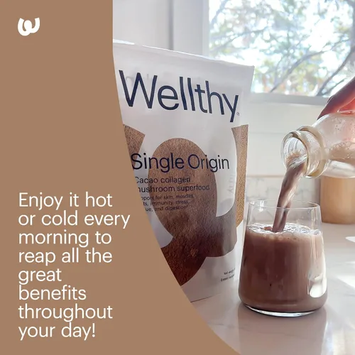 Miniatura 7 de Wellthy Superalimento en polvo de colágeno, combate el estrés y la fatiga, cacao, polvo de hongos, extractos orgánicos de chaga y reishi, matcha