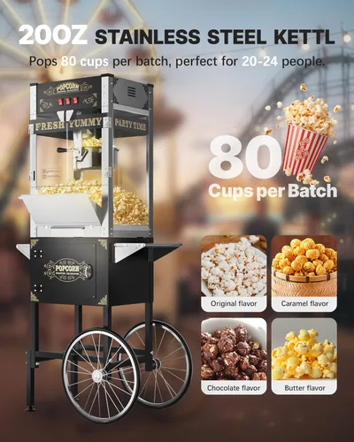 Miniatura 2 de Carro comercial de máquina de palomitas de maíz de 20 onzas, máquina para hacer palomitas de maíz mejorada con hervidor de acero inoxidable que hace