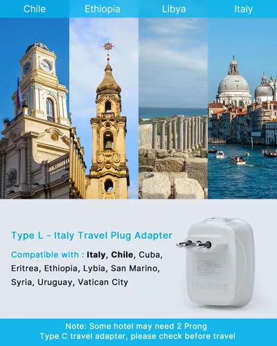 Miniatura 2 de VINTAR - Paquete de 2 adaptadores de enchufe de viaje para Italia, adaptador de corriente con 2 tomas, 4 puertos USB (1 USB C), adaptador de enchufe