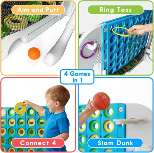 Miniatura 8 de Giant 4 in a Row Connect Game, Adjustable Height (2.6FT-4.3FT) Jumbo 4-to-Score Yard Game Set with Basketball, Golf & Ring Toss, Elephant Design