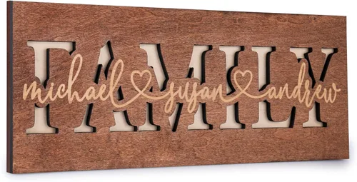 Lara Laser Works Letrero familiar 3D personalizado con nombres, 4 colores de madera, 2 tamaños, decoración decorativa de pared, letrero de madera