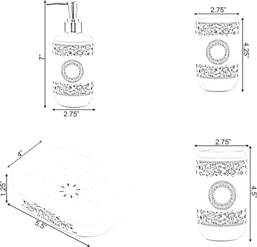 Miniatura 5 de Basicwise Juego de accesorios de baño de 4 piezas, incluye dispensador de jabón, soporte para cepillo de dientes, vaso y jabonera (blanco)