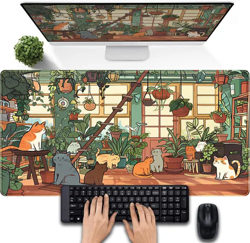 Miniatura 30 de Tapete de escritorio de bosque anime, lindo tapete de mouse verde, tapete de escritorio completo Kawaii estético XXL para juegos Mousemat XL