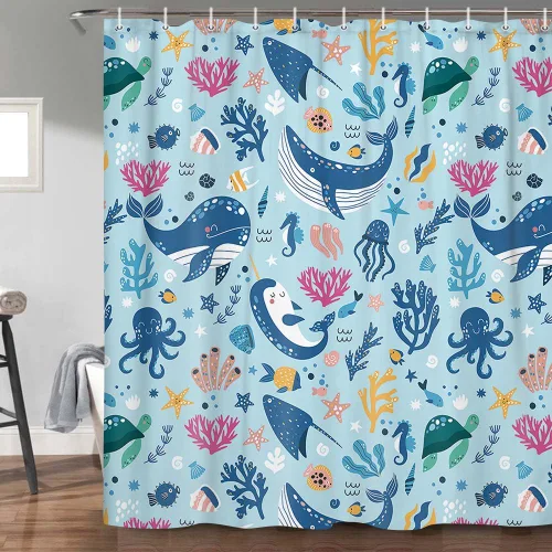 Miniatura 8 de Cortina de ducha náutica para niños, azul bohemio, océano, tiburón, abstracto, dibujos animados, decoración de baño, con cortinas de ducha de tela