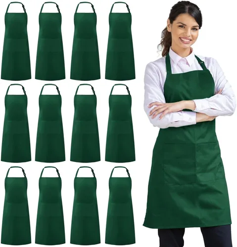 Miniatura 11 de Syntus Paquete de 12 delantales con peto, delantales unisex, ajustables, resistentes a las gotas de agua, con 2 bolsillos, delantal de cocina
