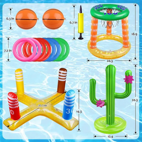 Miniatura 2 de Juego de 8 anillos inflables, aro de baloncesto inflable, juego de lanzamiento de cactus, juego de lanzamiento cruzado y 2 pelotas de baloncesto