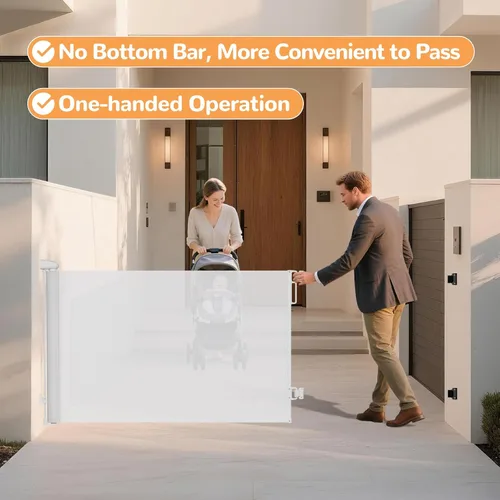 Miniatura 8 de Puerta retráctil para bebés para escaleras y puertas, 34 pulgadas de alto que se extiende hasta 71 pulgadas de ancho, puerta de malla para bebés
