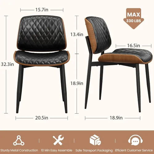 Miniatura 2 de REONEY Juego de 2 sillas de comedor, modernas sillas tapizadas de piel sintética de mediados de siglo con respaldo de nogal y patas de metal, pies