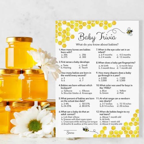 Miniatura 5 de Juego de Baby Shower de abeja – Baby Trivia – Paquete de 25 – Mommy to bee Bumble bee Neutral Amarillo Divertido Baby Datos Juegos de fiesta
