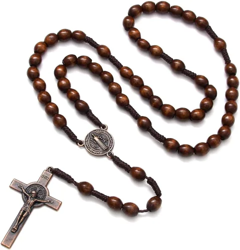 KOMI Rosarios católicos de madera hechos a mano, collar de cuentas de rosario de madera de Belén, medalla de suelo santo y cruz de metal para regalo
