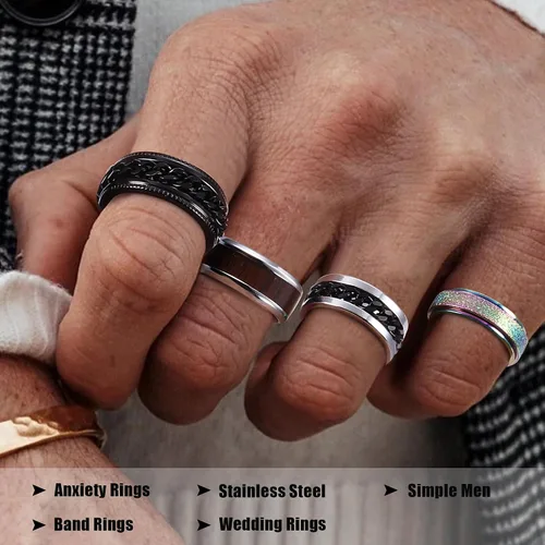 Miniatura 2 de Besteel Juego de 16 anillos giratorios de acero inoxidable para hombres y mujeres, anillos para aliviar el estrés y la ansiedad, color negro