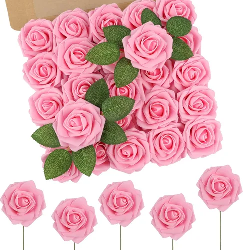 Miniatura 23 de N&T NIETING 25 unidades de flores artificiales, Rosas de espuma artificial de sensación real al tacto, decoración para boda, dama de honor, ramo