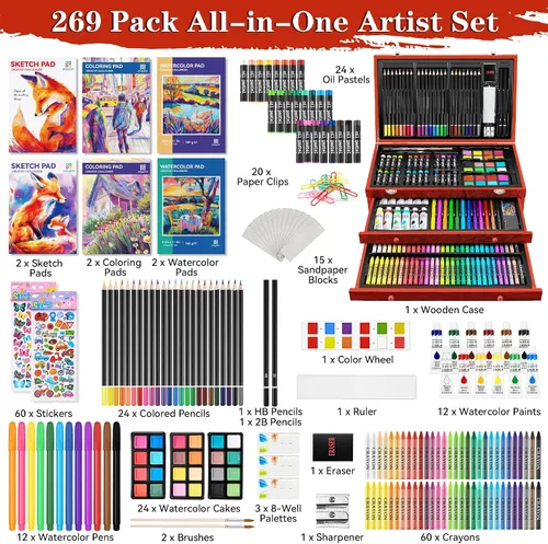 Miniatura 2 de POPYOLA Suministros de arte, juego de arte de lujo de 269 piezas con 6 blocs de dibujo, pinturas de acuarela, crayones y lápices