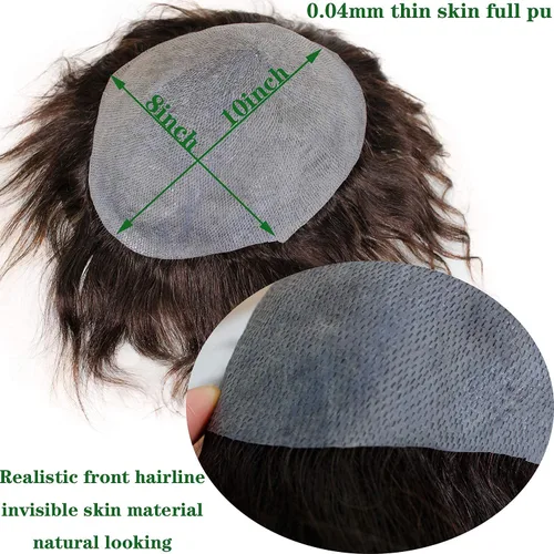 Miniatura 7 de Voloria Toupee para hombre 0.0 in piel ultra fina pu hombres postizo europeo virgen sistema de reemplazo de cabello humano piezas 10x8inch 1B