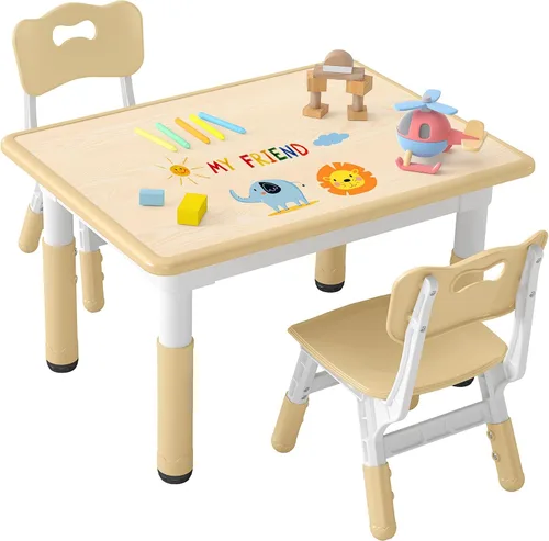 DOREROOM Juego de mesa y 2 sillas para niños, mesa y sillas para niños pequeños de altura ajustable con escritorio de graffiti, 31.5 pulgadas de