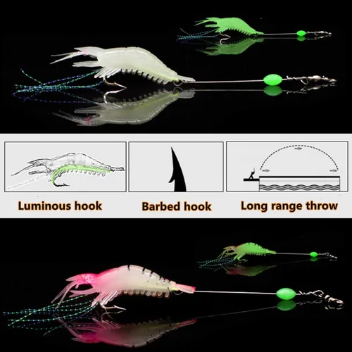 Miniatura 3 de Juego de 30 señuelos de plástico suave para pesca de simulación, juego de señuelos de camarón Lumionous, tamaño universal de 3.2 pulgadas, 1/8