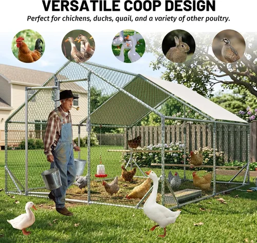 Miniatura 7 de Gallinero de metal de 13 x 10 x 6.56 pies, jaula grande para aves de corral para 10 a 20 pollos, gallinas y conejos, casa de pato con cubierta