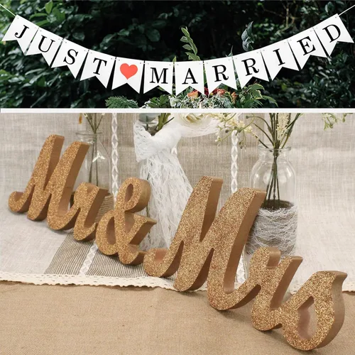 Letras de madera y pancarta para boda - Just Married & Mr. & Ms. Decoración - Oro champán