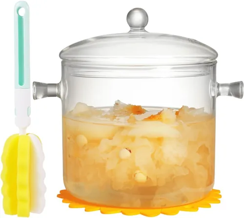 Miniatura 8 de Olla de Vidrio Transparente para Cocinar con Tapa, Cepillo y Almohadillas Térmicas de Silicona para Estufa - 1.5L (51oz) Olla de Vidrio
