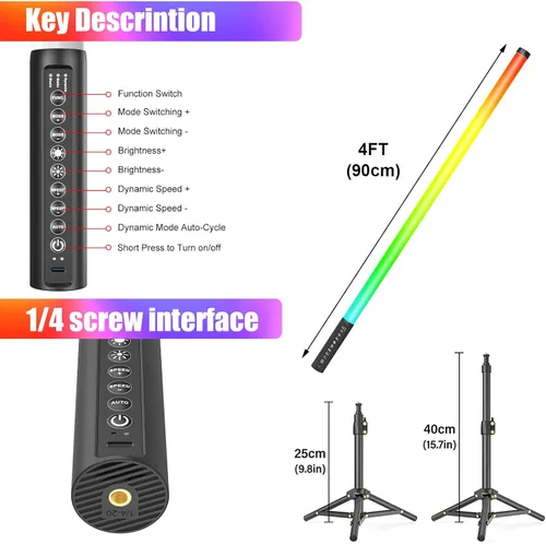 Miniatura 6 de LUXCEO Paquete de 2 barras de luz de tubo RGB (2.8 pies) con soporte, varilla de luz LED de video alimentada por batería para DJ y fotografía