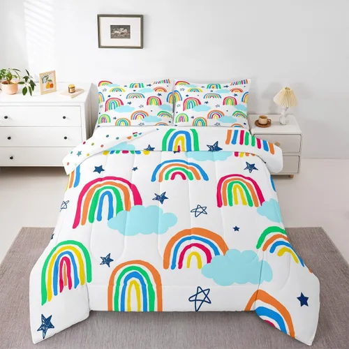 Miniatura 46 de Juego de Edredón de Princesa de Ballet para Niñas Tamaño Individual, Juego de Ropa de Cama de Castillo Arcoíris Kawaii Flores Lindas Mariquita Multi