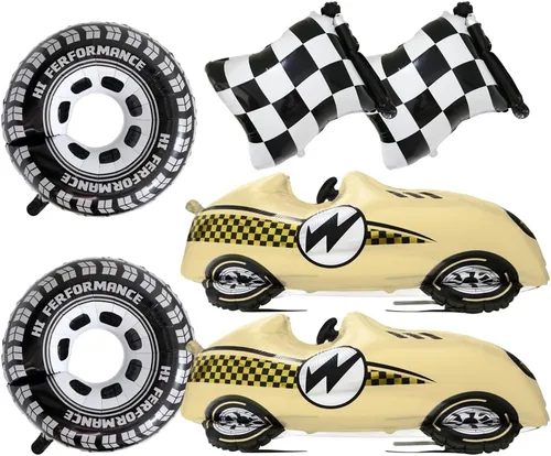Miniatura 10 de 12 globos de aluminio de automóvil de carreras blanco y negro, globos a cuadros con bandera a cuadros y globos de neumáticos de rueda caliente