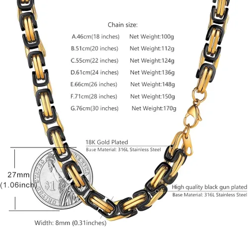 Miniatura 5 de PROSTEEL Collar de acero inoxidable de 0.157in, 0.236in, 0.315in, para hombres y mujeres, elegante y fresco, cadena bizantina tono negro dorado