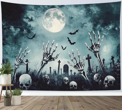Miniatura 25 de HVEST Tapiz de Halloween de luna llena, lápida de cuervo negro, árbol muerto, tapiz para dormitorio, cementerio gris aterrador, bosque, decoración