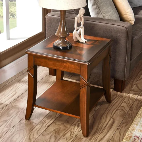 Miniatura 10 de Mesa de centro de madera maciza con estante de almacenamiento, mesa de sala de estar de mediados de siglo con mesa y patas talladas en madera, mesa