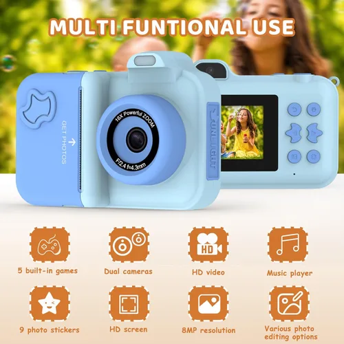 Miniatura 3 de Cámara para Niños con Impresión Instantánea, Regalos de Cumpleaños de Navidad, Juguetes para Niñas y Niños de 4 5 6 7 8 9 10 11 12 Años de Edad, Azul