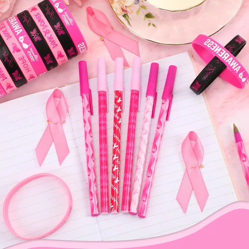 Miniatura 3 de JUNEBRUSHS 60 Pack Breast Cancer Awareness Accessories Set, 20Pcs Pink Ribbon Pens 20Pcs Breast Cancer Awareness Bracelets 20Pcs Breast Cancer Pins