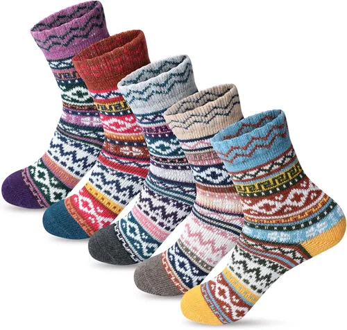 FYC Winter Womens Socks Wool Warm Thick Knit Cozy Crew Casual Vintage Soft Socks for Women Christmas Gifts Socks 5 Pairs