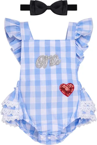 Miniatura 7 de IMEKIS Conjunto de ropa para bebé niña de primer cumpleaños con diadema de verano para sesión de fotos