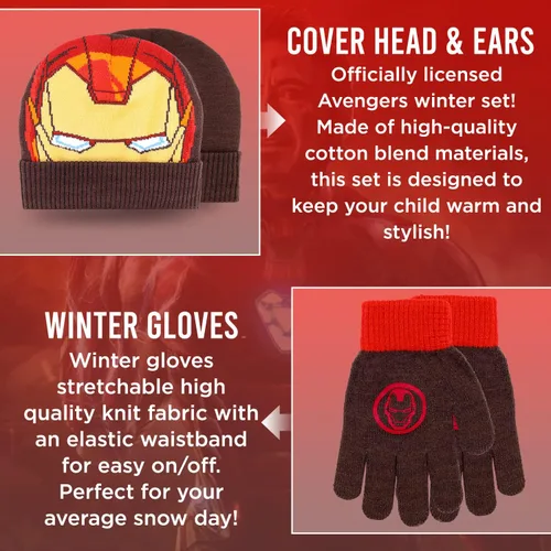 Miniatura 2 de Marvel Avengers - Juego de sombreros de invierno y guantes de nieve para niños y niños pequeños con lindos guantes y gorro suave, pompones esponjosos