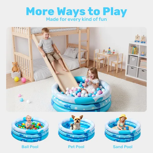 Miniatura 7 de Sloosh Piscina inflable para niños, piscina inflable de 34 x 10 pulgadas, 3 anillos azules para bebés, hoyo de juego para perros