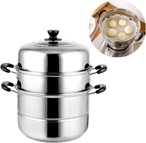 Miniatura 4 de Ollas de vapor de 11.8 pulgadas con 3 forros de vapor y agarrador de cocina, olla de vapor de acero inoxidable de 3 niveles con tapa para cocinar