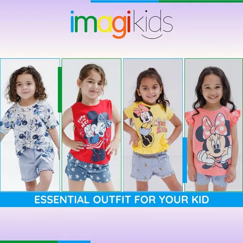 Miniatura 82 de Disney Minnie Mouse - Conjunto de camiseta floral arcoíris y pantalones cortos de cambray, tallas de bebé a niño grande (12 meses - 14-16)